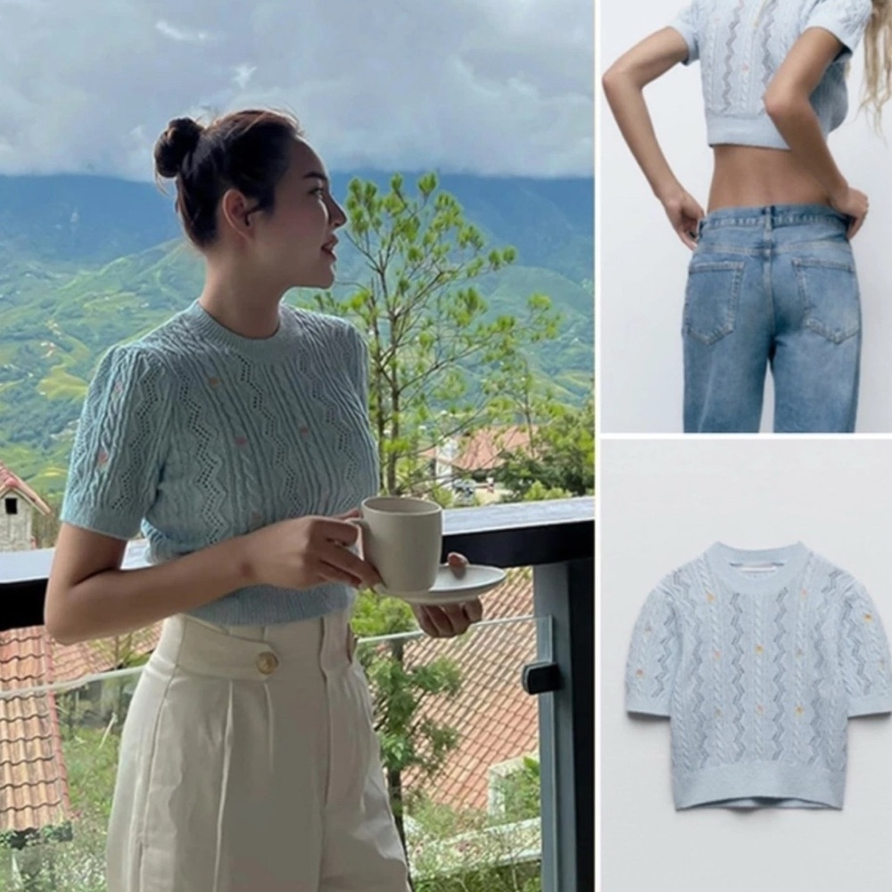 Zara Pastel Blue Knit Top with Floral Accents - Picture 2 of 11